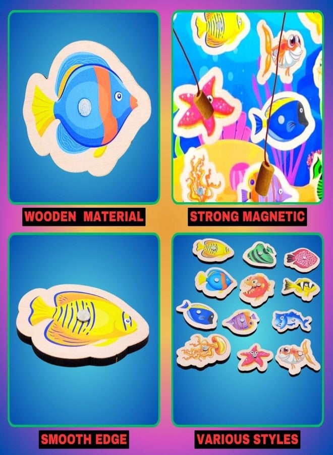 PLUSPOINT 15 Pieces Wooden Magnetic Fishing Game for Kids 12 Fishes 2 Stick 1 Pool Tray Magnet Fish Game Wooden Magnetic Fishing Toys for Kindergarten Preschool Kids Girl Boy (Fish Tray) - Image 4